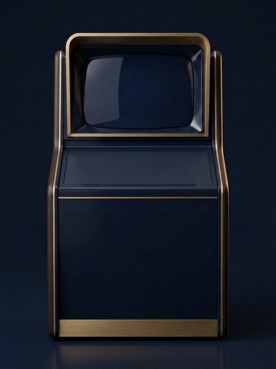The Odietone: a Scopitone-style jukebox cabinet in navy lacquer with brass trim and leather side rails, a wide viewing screen up top and a broad selection deck below.